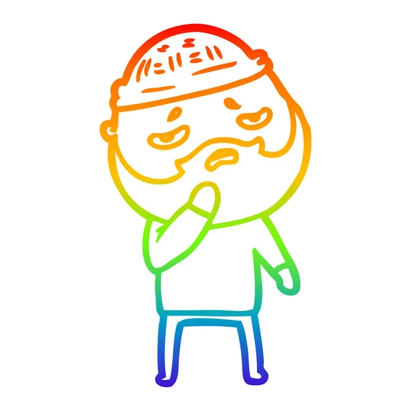 Linea gradiente arcobaleno disegno cartone animato preoccupato uomo con barba — Vettoriale Stock