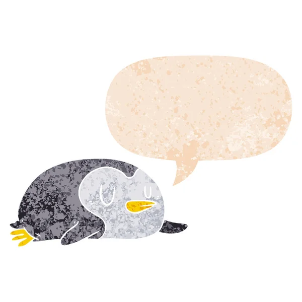 Pingüino de dibujos animados y burbuja del habla en estilo texturizado retro — Vector de stock