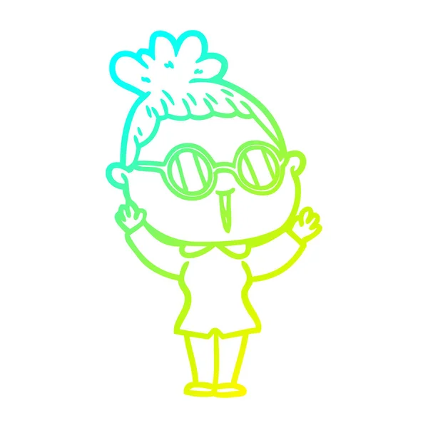 Linha gradiente frio desenho cartoon mulher vestindo óculos — Vetor de Stock