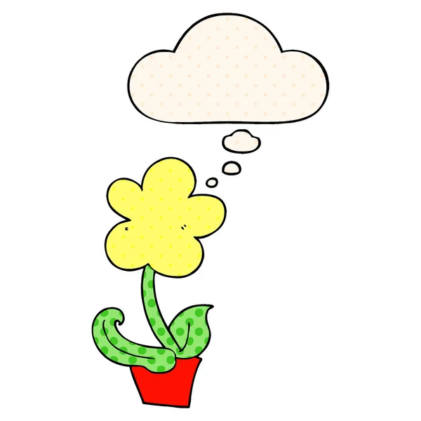 Fleur de dessin animé mignon et bulle de pensée dans le style de bande dessinée — Image vectorielle