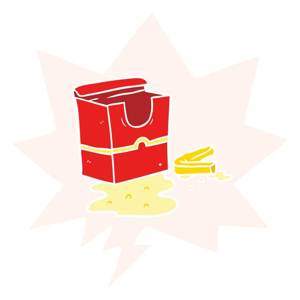 Cartoon empty box of fries and speech bubble in retro style — Stock Vector