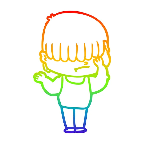 Regenbogen-Gradienten-Linie Zeichnung Cartoon Junge mit unordentlichem Haar — Stockvektor