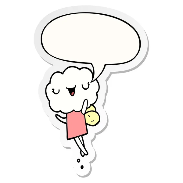 Cute cartoon cloud head creature and speech bubble sticker — Stock Vector