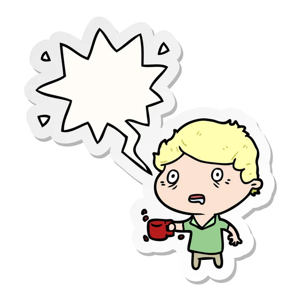 Desenho animado homem agitado de beber muito café e discurso bub —  Vetores de Stock