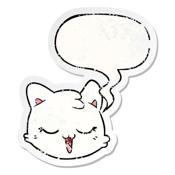 Cartoon cat face and speech bubble distressed sticker — Stock Vector