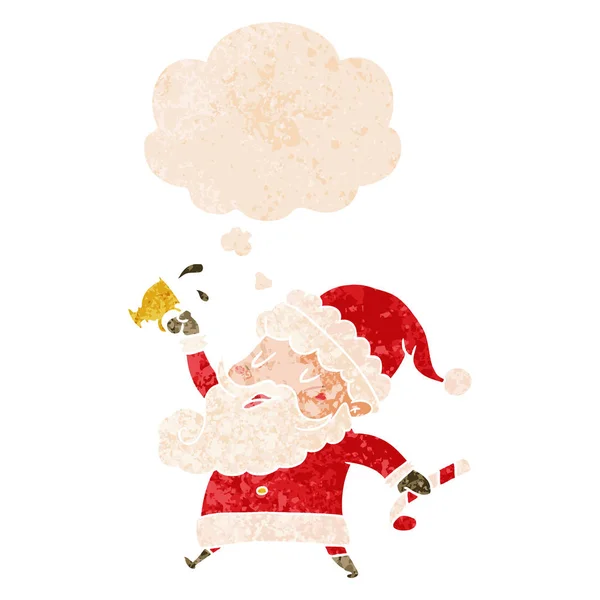 Cartoon santa claus with hot cocoa and thought bubble in retro t — Stock Vector