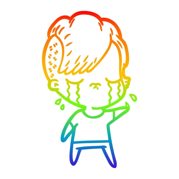 Arco iris gradiente línea dibujo dibujos animados llorando chica — Vector de stock