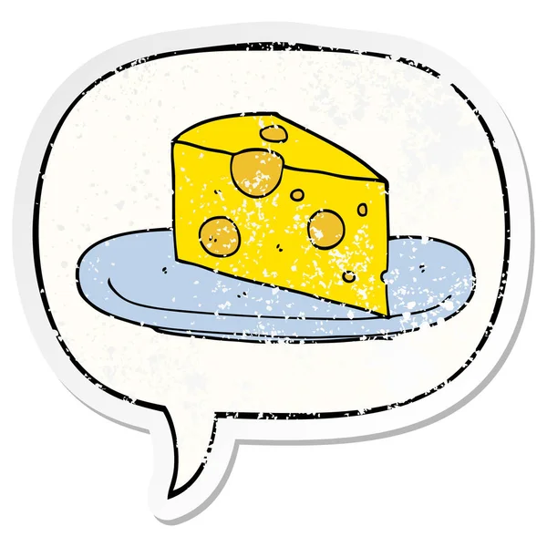 Мультяшний сир і мовна бульбашка засмучена наклейка — стоковий вектор