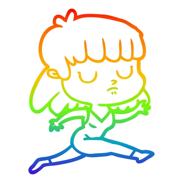 Regenboog gradiënt lijntekening cartoon onverschillig vrouw running — Stockvector