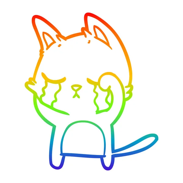 Rainbow gradient line drawing crying cartoon cat — Stock Vector