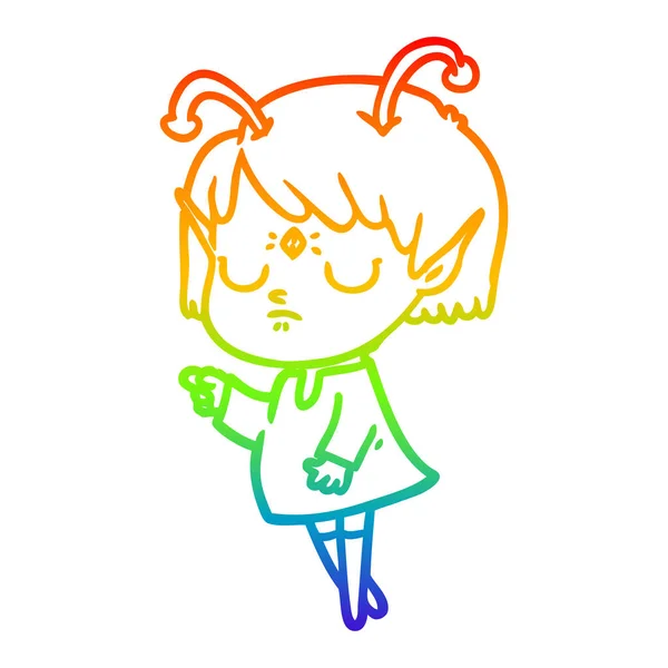 Regenboog gradiënt lijntekening cartoon Alien meisje — Stockvector