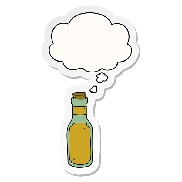 Karikatür iksir şişe ve baskılı bir etiket olarak kabarcık düşünce — Stok Vektör