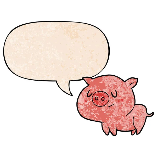 Mignon cochon de dessin animé et bulle de parole dans le style de texture rétro — Image vectorielle