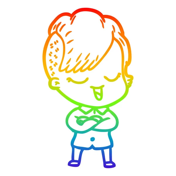 Regenboog gradiënt lijntekening gelukkig cartoon meisje — Stockvector