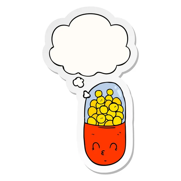 Pilule de dessin animé et bulle de pensée comme un autocollant imprimé — Image vectorielle