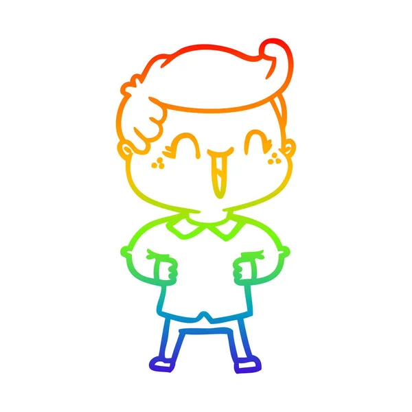 Rainbow gradient ligne dessin dessin animé rire garçon avec les mains sur — Image vectorielle