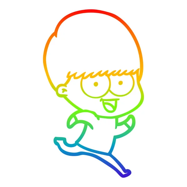 Rainbow gradient line drawing happy cartoon boy running — Stock Vector