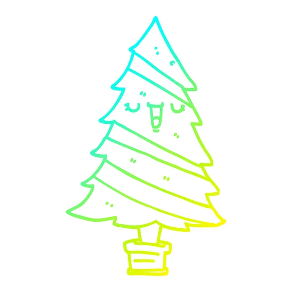 Línea de gradiente frío dibujo dibujos animados árbol de Navidad — Vector de stock