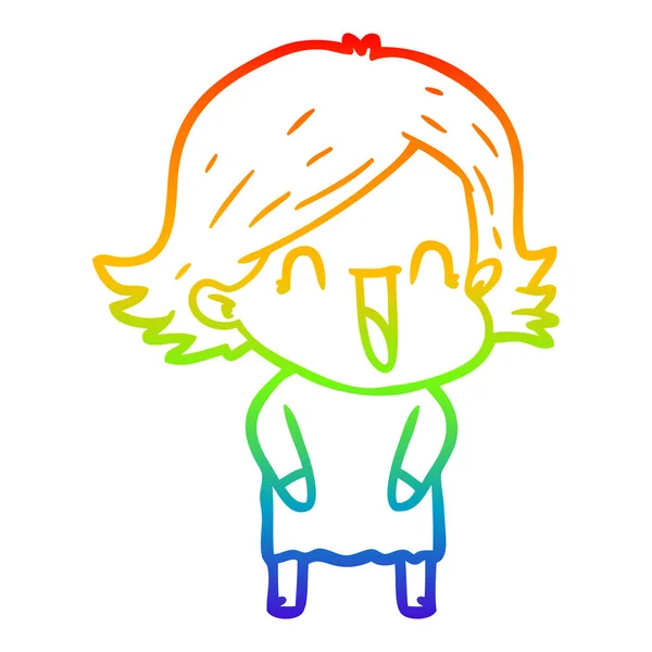 Regenbogen-Gradienten-Linie Zeichnung Karikatur lachende Frau — Stockvektor