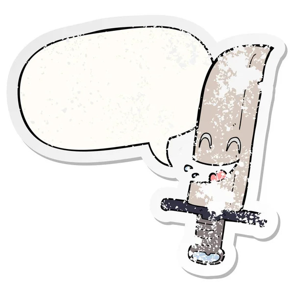Dibujos animados cuchillo de la risa y el habla burbuja angustiada pegatina — Vector de stock