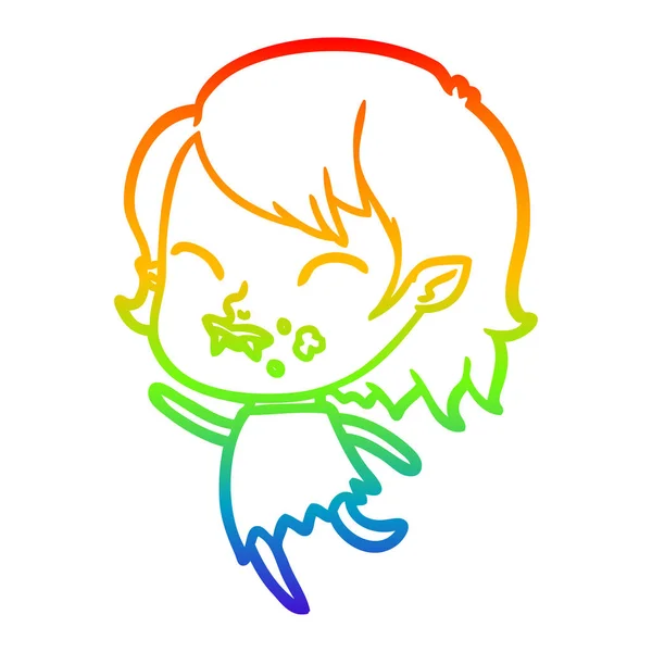 Rainbow Gradient Line Zeichnung Cartoon Vampir Mädchen mit Blut auf — Stockvektor