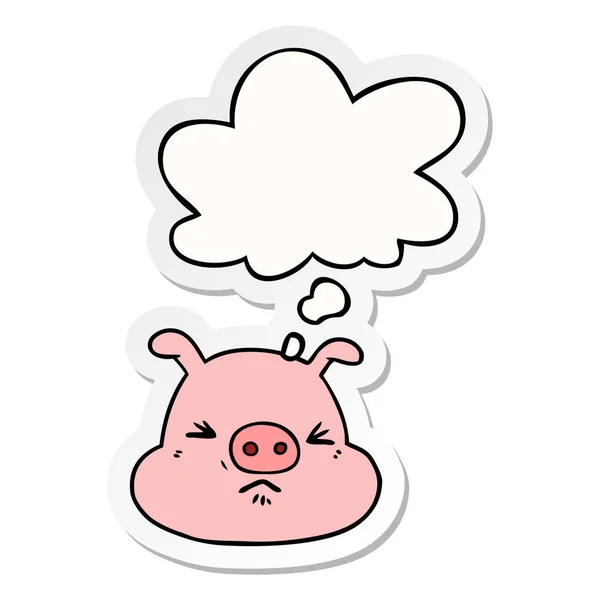 Cartoon zły twarz świnia i myśli bańka jak drukowane naklejki — Wektor stockowy