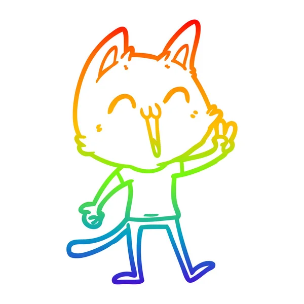 Rainbow gradient line drawing happy cartoon cat meowing — Stock Vector