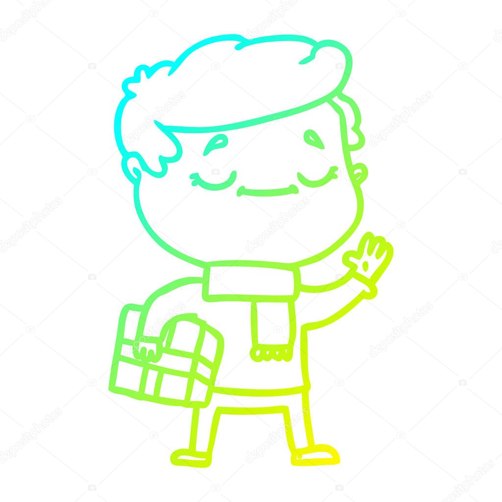 cold gradient line drawing cartoon man carrying christmas presen