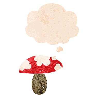 retro dokulu tarzında karikatür mantar ve düşünce balonu