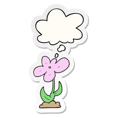 karikatür çiçek ve baskılı bir etiket olarak kabarcık düşünce