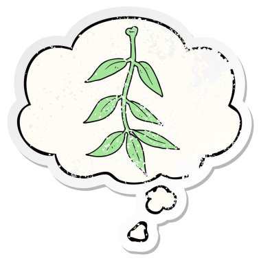 karikatür yaprakları ve sıkıntılı yıpranmış etiket olarak kabarcık düşünce