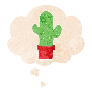 retro dokulu tarzda karikatür kaktüs ve düşünce balonu