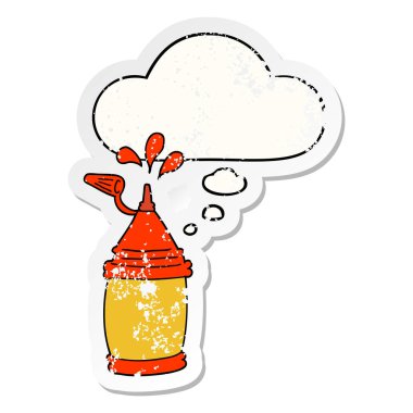 karikatür ketçap şişesi ve sıkıntılı bir yıpranmış olarak kabarcık düşünce