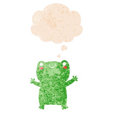 sevimli karikatür kurbağa ve retro dokulu tarzında düşünce balonu