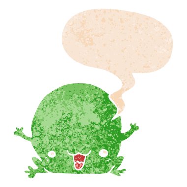 retro dokulu tarzda karikatür kurbağa ve konuşma balonu