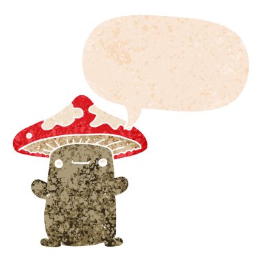 retro dokulu tarzda karikatür mantar ve konuşma balonu