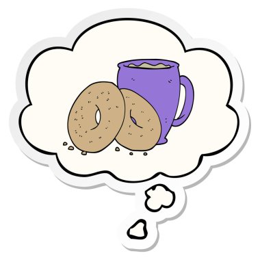 karikatür kahve ve çörekler ve baskılı bir sticke olarak kabarcık düşünce