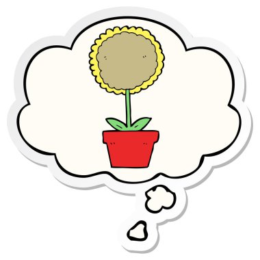 sevimli karikatür çiçek ve baskılı bir etiket olarak kabarcık düşünce