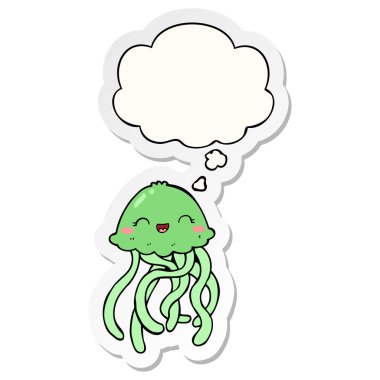 sevimli karikatür denizanası ve baskılı bir etiket olarak kabarcık düşünce