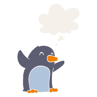 çizgi film heyecanlı penguen ve retro tarzında kabarcık düşünce