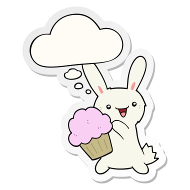 bir baskılı olarak muffin ve düşünce balonu ile sevimli karikatür tavşan 