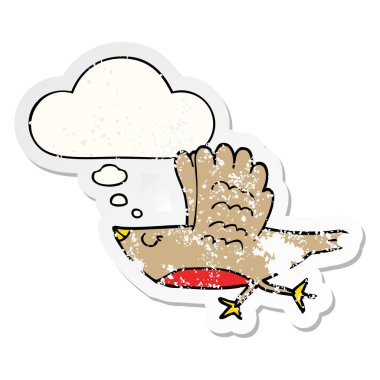 sıkıntılı bir yıpranmış etiket olarak karikatür kuş ve düşünce balonu