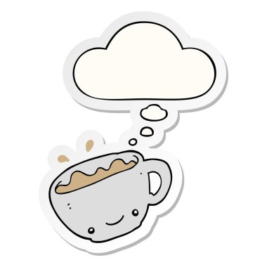 bir baskılı etiket olarak kahve karikatür fincan ve düşünce balonu