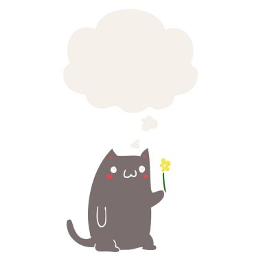 sevimli karikatür kedi ve retro tarzında kabarcık düşünce