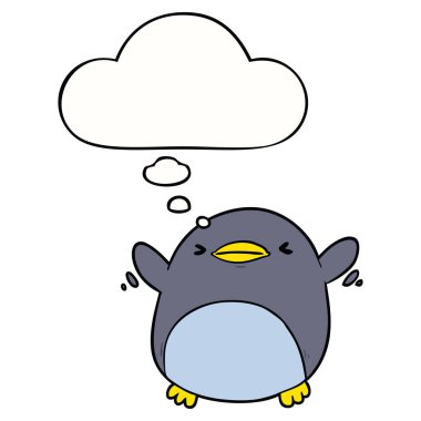 sevimli karikatür penguen ve düşünce balonu çırpma