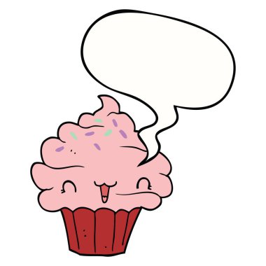 sevimli karikatür buzlu cupcake ve konuşma balonu