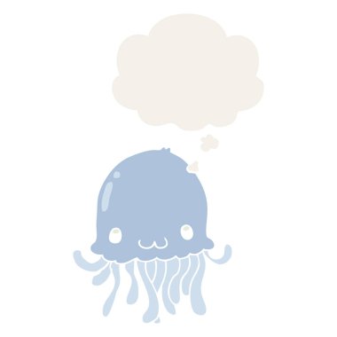 karikatür denizanası ve retro tarzında düşünce balonu