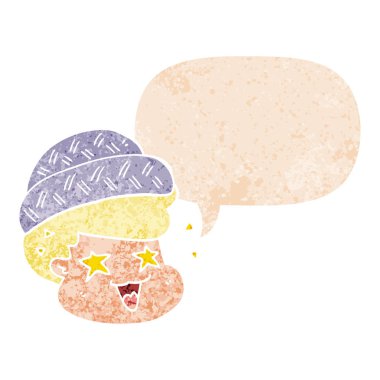 retro dokulu stil şapka ve konuşma balonu giyen karikatür çocuk