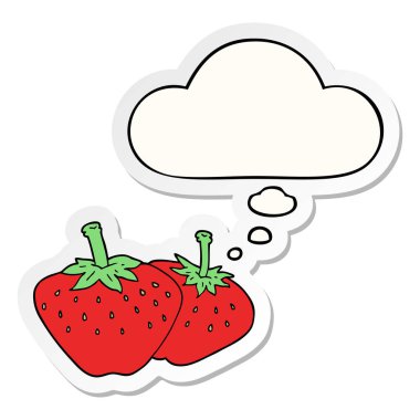 karikatür çilek ve baskılı bir etiket olarak kabarcık düşünce