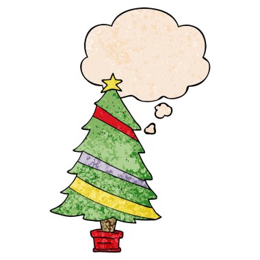 karikatür noel ağacı ve grunge doku patt düşünce balonu